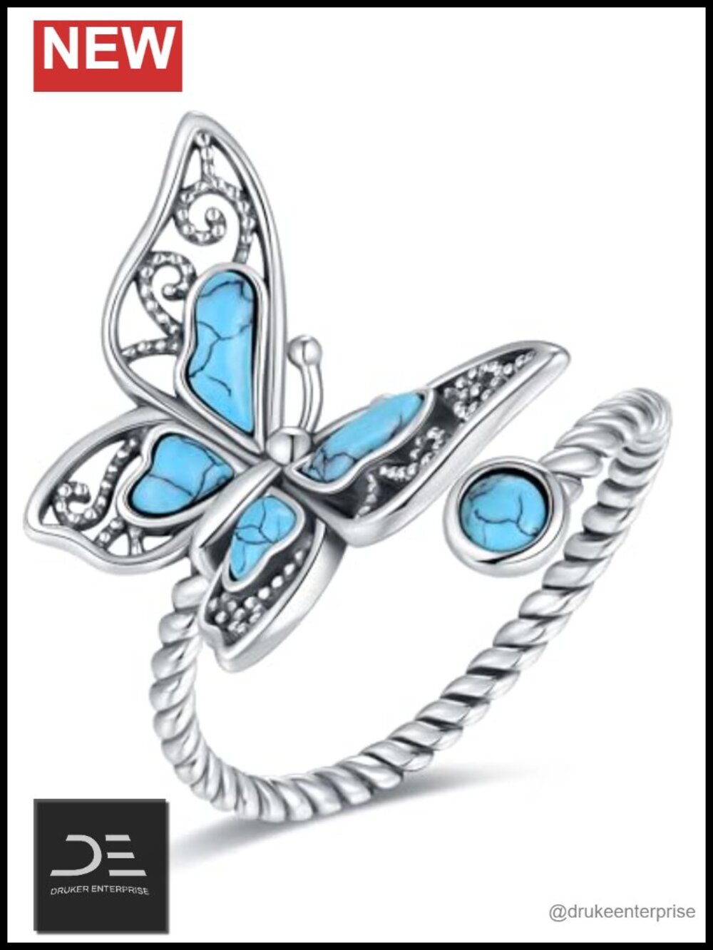 Sterling Silver Turquoise Butterfly Ring Vintage Oxidized Adjustable Gift for